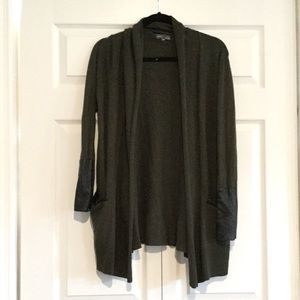 Army green cardigan with leather patch details